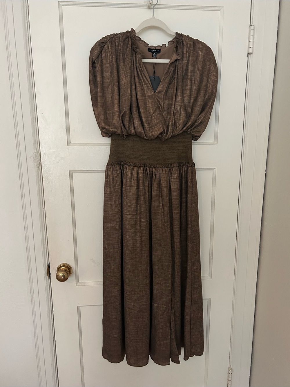 Current Air Brown Puff-Sleeve Maxi Dress with Smocked Waistband
